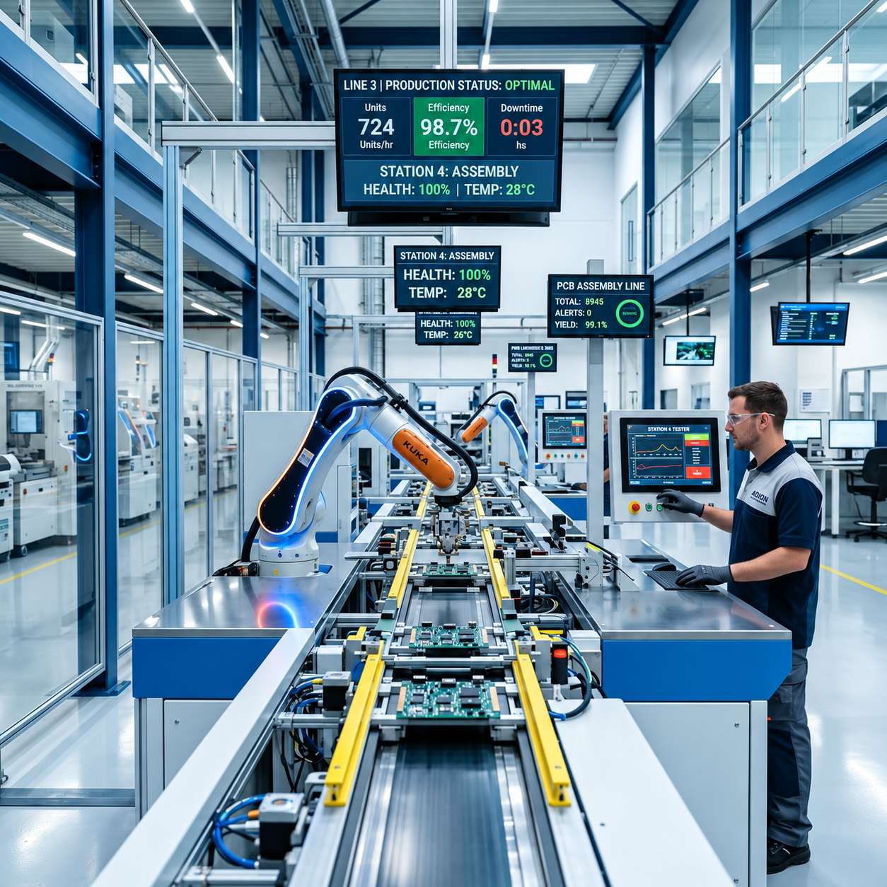 Vernetzte Produktionslinie mit Kennzahlen